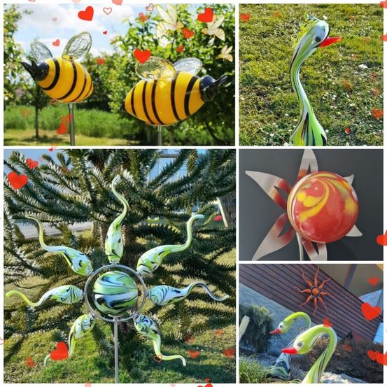 Eine Collage von bunten Dekorationen im Freien. Oben links: Zwei Bienen. Oben rechts: Ein Storch. Unten links: Ein Sonnenspinner. Unten rechts: Zwei Schwäne.