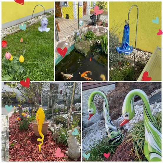 Eine Collage aus sechs Bildern, die farbenfrohe Gartendekorationen, Fische in einem Teich, einen gelben und weißen Schwan und verschiedene Pflanzen und Tiere zeigt. Jedes Bild hat herzförmige Dekorationen.
