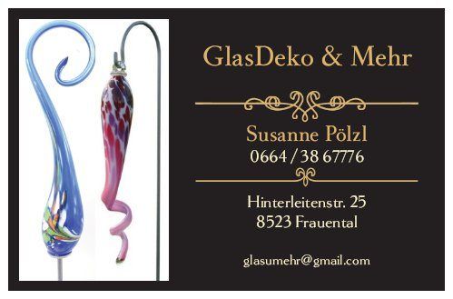 Visitenkarte mit Glasdekorationsstücken, mit Name, Telefonnummer, Adresse und E-Mail.