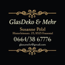 Schwarze Visitenkarte mit goldenen Akzenten. 'GlasDeko & Mehr' oben. Name 'Susanne Polzl' darunter. Adresse: Hinterleitenstr. 25, 8523 Frauental. Kontakt: 0664/38 67776. E-Mail: glasumehr@gmail.com.