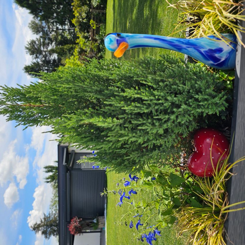 Ein Gartenszene mit einer blauen Vogelstatue, grünen Büschen, blauen Blumen und einer roten herzförmigen Dekoration. Im Hintergrund sind ein bewölkter Himmel und ein Haus zu sehen.