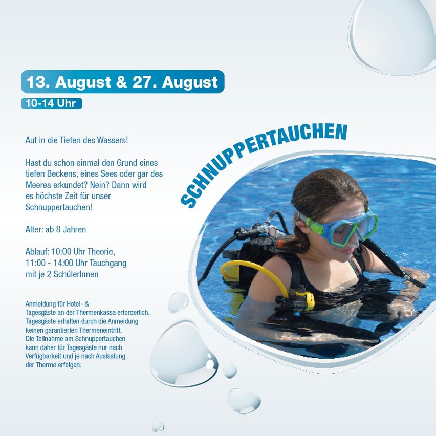 Ein Plakat bewirbt einen Tauchkurs für Kinder ab 8 Jahren, geplant für den 13. und 27. August von 10:00 bis 14:00 Uhr. Der Kurs umfasst Theorie und Praxis im Schwimmbad.