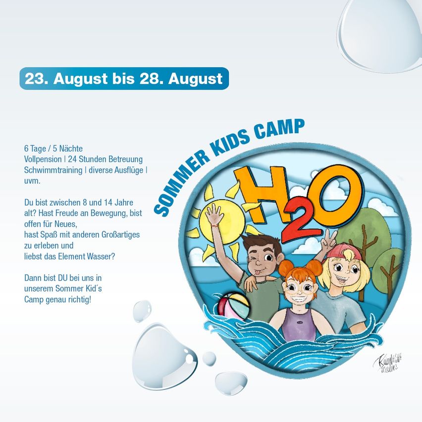 Ein Plakat für ein Sommer-Kindercamp vom 23. bis 28. August. Es zeigt eine Gruppe von Kindern in einem Wassertropfen mit Sonne und Wolken im Hintergrund. Das Plakat enthält Details zum Zeitplan und zu den Aktivitäten des Camps.