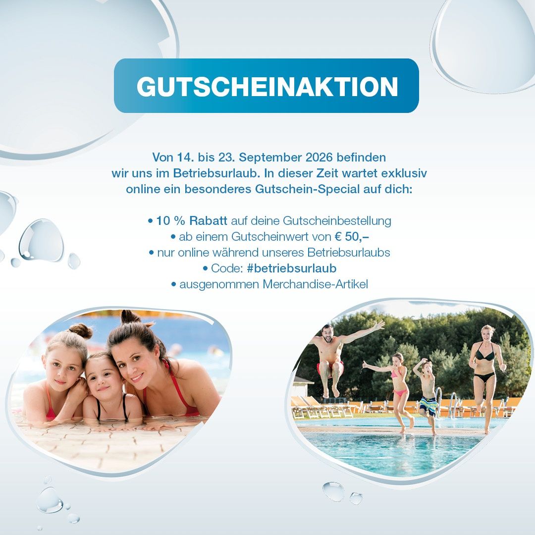 Werbeposter für ein Gutscheinangebot während eines Betriebsurlaubs. Zeigt eine Familie im Pool und Text über 10% Rabatt auf Gutscheine.