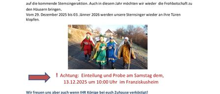 Ein Bild eines Flyers kündigt eine Weihnachtssingenaktion an. Es zeigt ein Bild von Sängern, Termine vom 29. Dezember 2025 bis 3. Januar 2026 und eine Probe am 13. Dezember 2025. Der Flyer lädt Kinder ein, teilzunehmen und Spenden für bedürftige Kinder und Erwachsene zu sammeln.