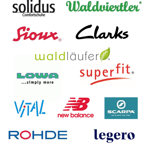 Eine Sammlung von Logos, darunter Solidus, Waldvögel, Sioux, Clarks, Waldläufer, Superfit, Lowa, New Balance, Scarpa, Rohde und Legero.