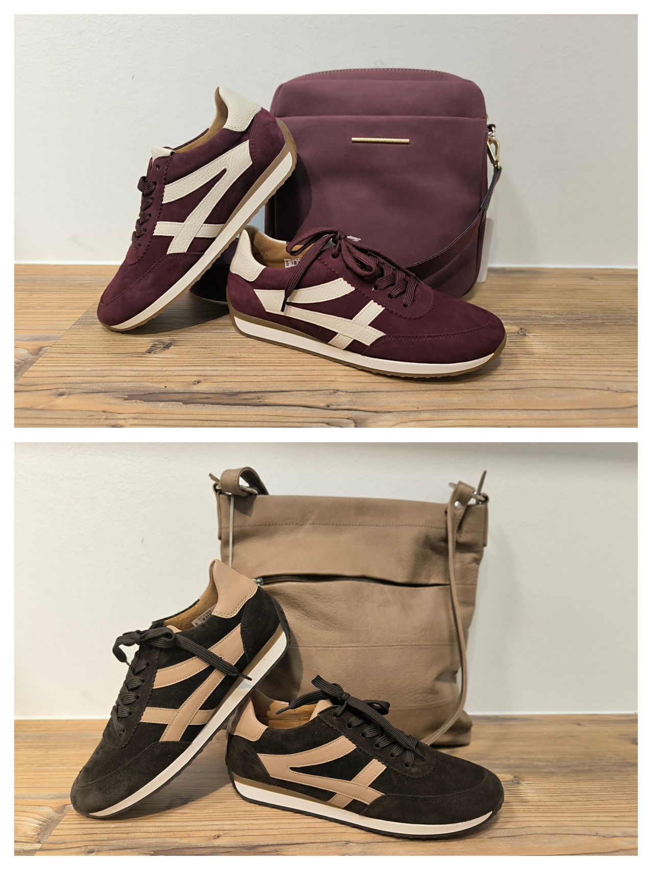 Zwei Paar Sneaker mit einer braunen und einer weinroten Tasche auf einer Holzoberfläche. Das obere Paar hat ein weißes Kreuz an der Seite, während das untere Paar ein schwarz-weißes Design hat.