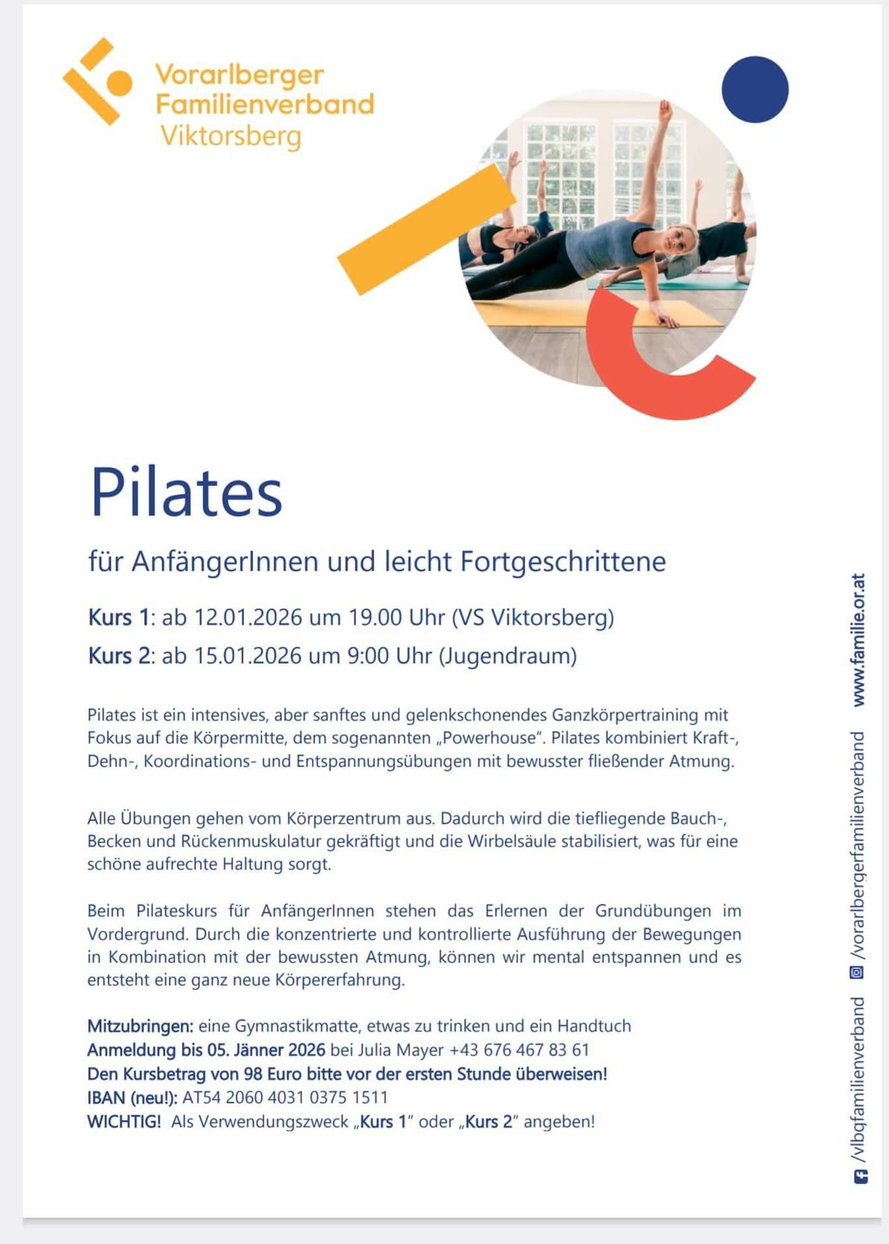 Das Bild ist ein Flyer für Pilates-Kurse für Anfänger und leicht Fortgeschrittene. Die Kurse sind für den 12. und 15. Januar 2026 geplant. Pilates konzentriert sich auf die Kernkraft und kombiniert Kraft, Flexibilität und Atmung. Die Anmeldung ist bis zum 5. Januar 2026 offen.