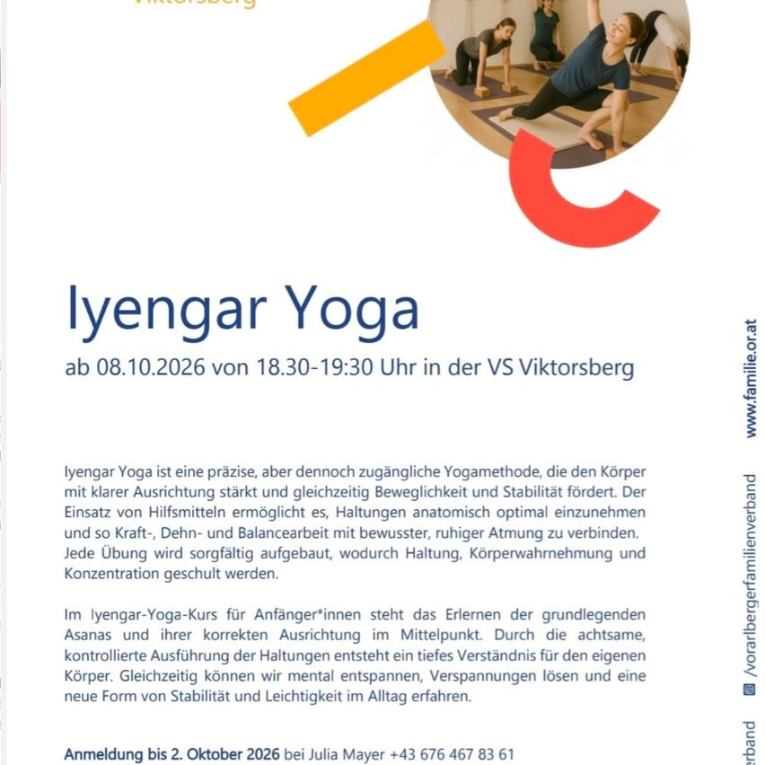 Plakat für Iyengar Yoga-Kurs im VS Viktorsberg am 8. Oktober 2026 von 18:30 bis 19:30 Uhr. Es zeigt eine Gruppe von Menschen, die Yoga-Posen praktizieren.
