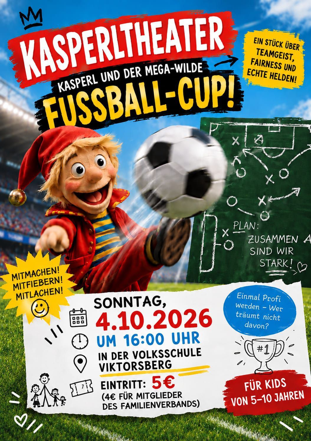 Ein Plakat für ein Fußballevent mit einer Cartoonfigur, die einen Fußball tritt, mit dem Text 'Kasper und der Mega Wilde Fußball-Cup' und einem Datum vom 4. Oktober 2026.