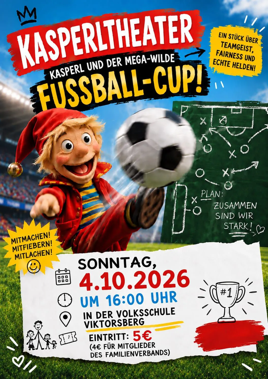 Plakat für ein Fußballevent mit einer Comicfigur, die einen Fußball tritt. Das Event heißt 'Kasper und der Mega-Wilde Fussball-Cup!' mit Datum und Uhrzeit des Events.