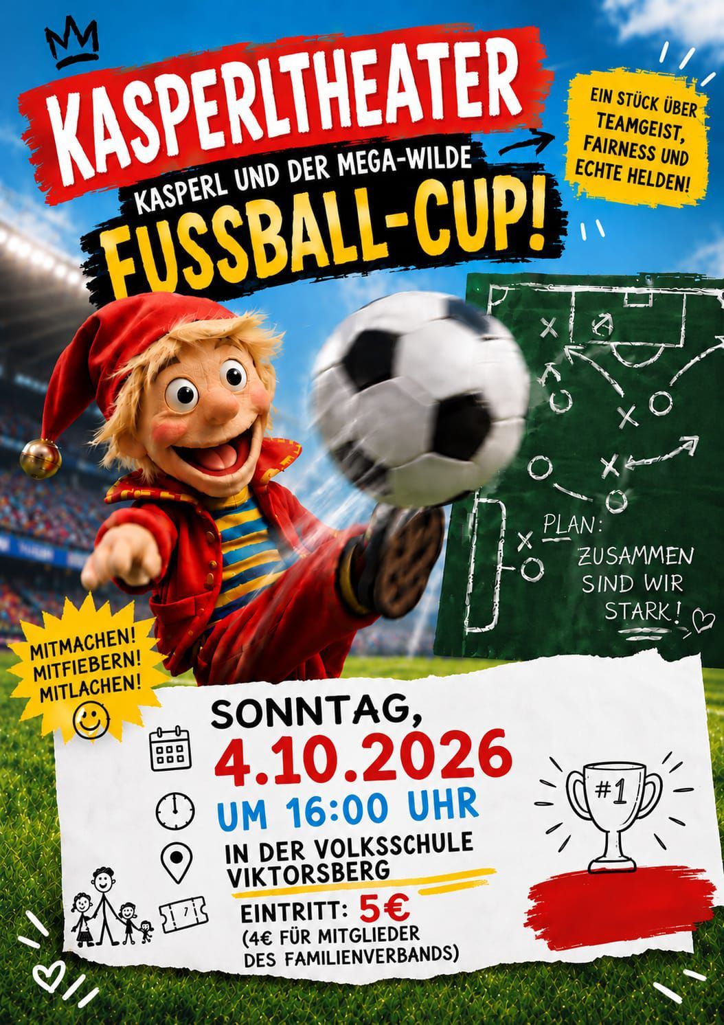 Plakat für ein Fußballevent mit einer Comicfigur, die einen Fußball tritt. Das Event heißt 'Kasper und der Mega-Wilde Fussball-Cup!' mit Datum und Uhrzeit des Events.