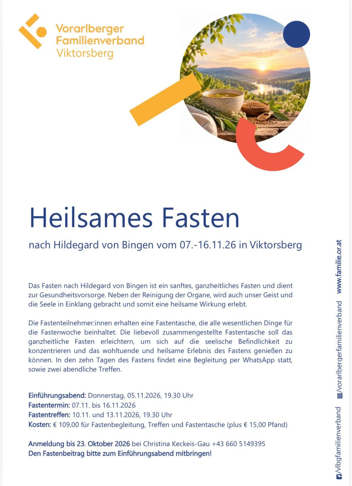 Ein Plakat für eine Fastenveranstaltung namens 'Heilsam Fasten' von Hildegard von Bingen vom 07.11.2026 bis 16.11.2026 in Viktorsberg. Das Plakat zeigt eine ruhige Landschaft mit einer Schüssel Suppe, Getreide und Kräutern auf einem Tisch unter einem Sonnenuntergangshimmel.