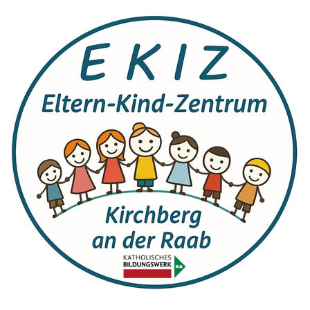 Rundes Logo für das Eltern-Kind-Zentrum in Kirchberg an der Raab, mit einer Reihe lächelnder Kinder, die Händchen halten, und dem Namen der Organisation in fetten Buchstaben.
