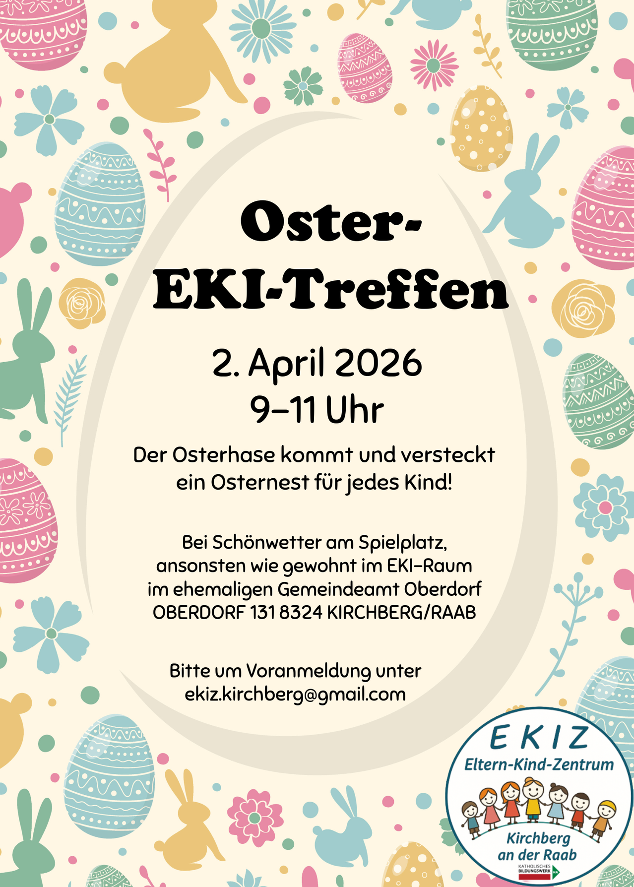 Ein Oster-EKI-Treffen-Flyer mit bunten Eiern, Häschen und Blumen. Es zeigt den Termin 2. April 2026 von 9-11 Uhr. Es lädt Kinder zu einer versteckten Osterkorbsuche ein.