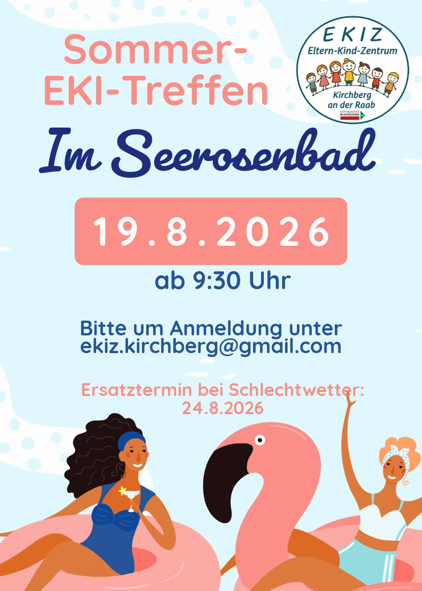 Plakat für EKJ-Treffen im Seerosebad am 19. August 2026 um 9:30 Uhr. Anmeldung erforderlich unter ekiz.kirchberg@gmail.com. Ersatztermin am 24. August 2026.