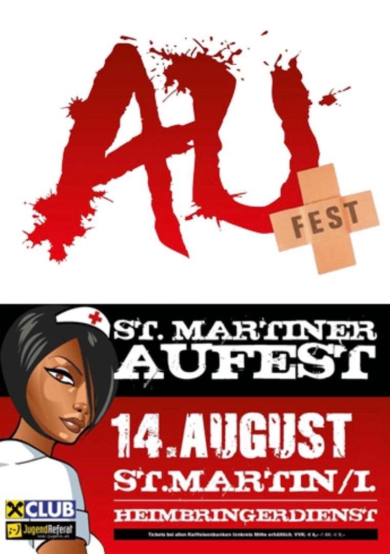 Plakat für St. Martiner Aufest mit einer Krankenschwester, einem roten Kreuzsymbol und dem Datum 14. August in fetter Schrift.