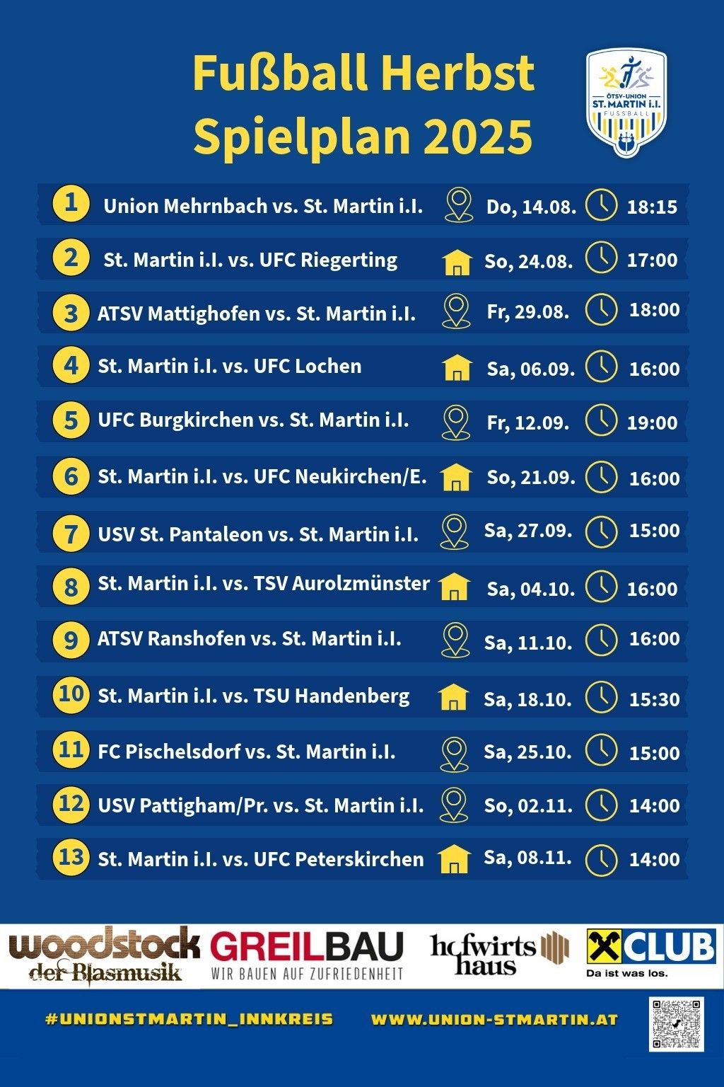 Geplante Spiele umfassen Union Mehrnbach gegen St. Martin i.I., St. Martin i.I. gegen UFC Riegerting und ATSV Mattighofen gegen St. Martin i.I. unter anderen. Jedes Spiel hat ein Datum und eine Zeit.