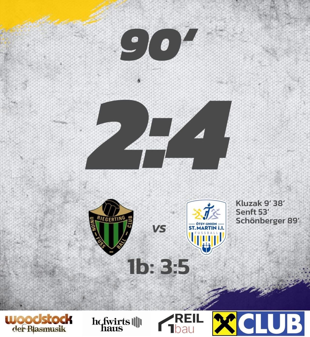 Endstand 2-4. Riegerting Club gegen St. Martin I.I. Kluzak traf in der 9. und 38. Minute. Senft in der 53. und Schonberger in der 89. Minute. Die Halbzeitwertung war 3-5.