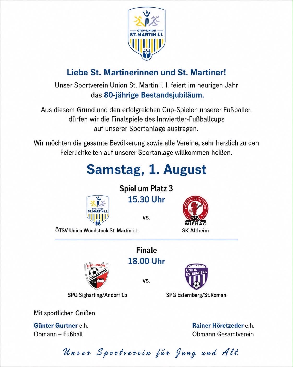 Plakat für das 80-jährige Jubiläum des Sportvereins Union St. Martin i. L. mit Details zu den Fußball-Pokal-Finals am 1. August, einschließlich Spielzeiten und Teams.