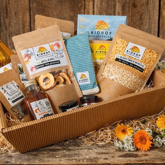 Eine Schachtel mit verschiedenen Biohof Freudenberg Produkten, darunter Apfelringe, Nudeln und eine Flasche Sirup.