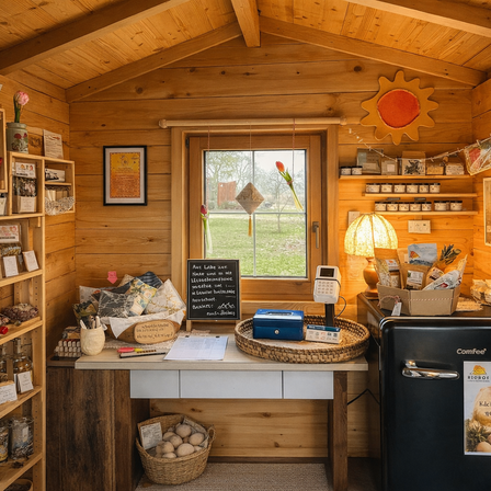 Ein holzverkleideter Raum mit Regalen, gefüllt mit verschiedenen Artikeln. Ein Tafel mit Schrift steht auf dem Schreibtisch, ein Korb mit Eiern steht auf dem Boden und ein Kühlschrank steht rechts.