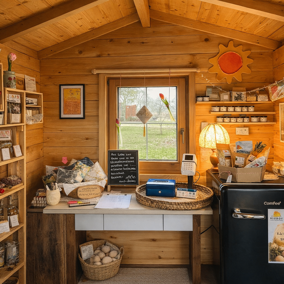 Ein holzverkleideter Raum mit Regalen, gefüllt mit verschiedenen Artikeln. Ein Tafel mit Schrift steht auf dem Schreibtisch, ein Korb mit Eiern steht auf dem Boden und ein Kühlschrank steht rechts.