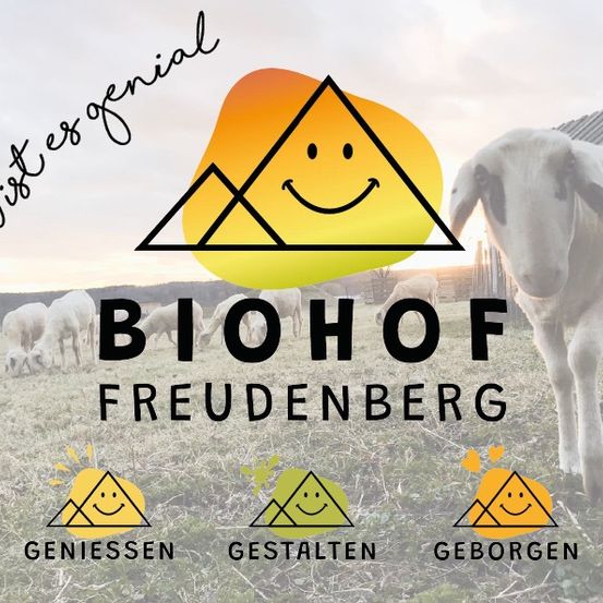 Ein Banner für Biohof Freudenberg mit einem lächelnden Schaf, grünen Symbolen und einer Herde von Schafen auf einer grasigen Wiese mit einem Scheunen im Hintergrund.