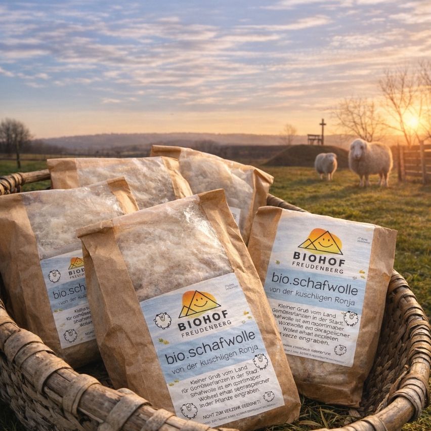 A basket filled with packages of Biohof Freudenberg wool in a green field with sheep. The sky is clear with a setting sun.