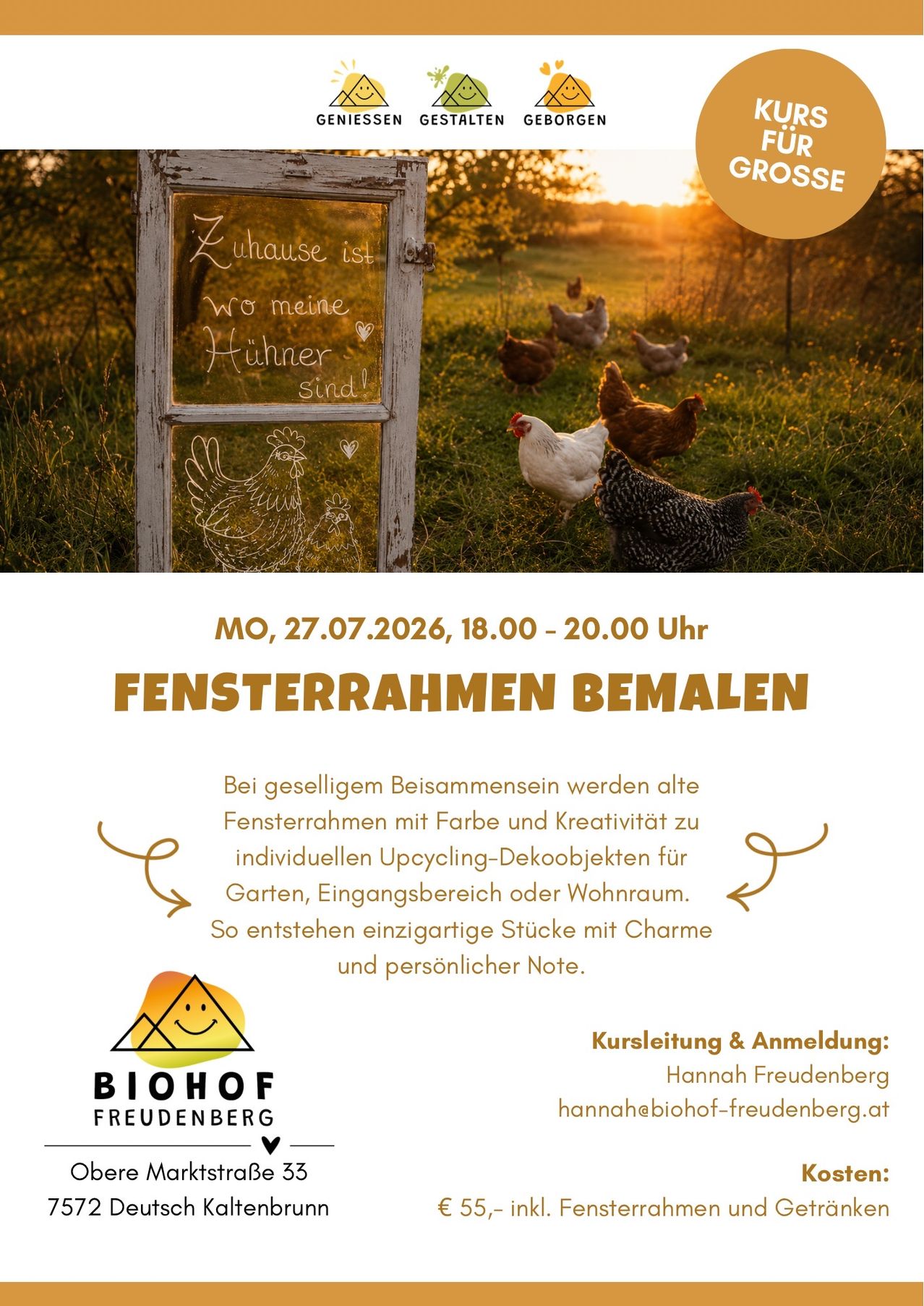 Ein Plakat für ein Ereignis zum Bemalen von Fensterrahmen, mit einer Henne und einem Sonnenuntergang. Der Text lautet 'Zuhause ist wo meine Hühner sind!' und enthält Details zum Datum und zur Zeit des Events.