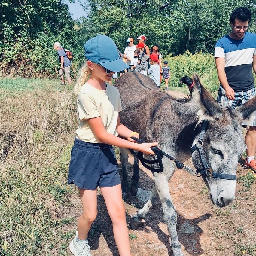 Ein junges Mädchen in einer blauen Mütze führt einen Esel auf einem Pfad durch ein Grasfeld. Hinter ihr beobachtet ein Mann in einem blau-weißen Shirt.