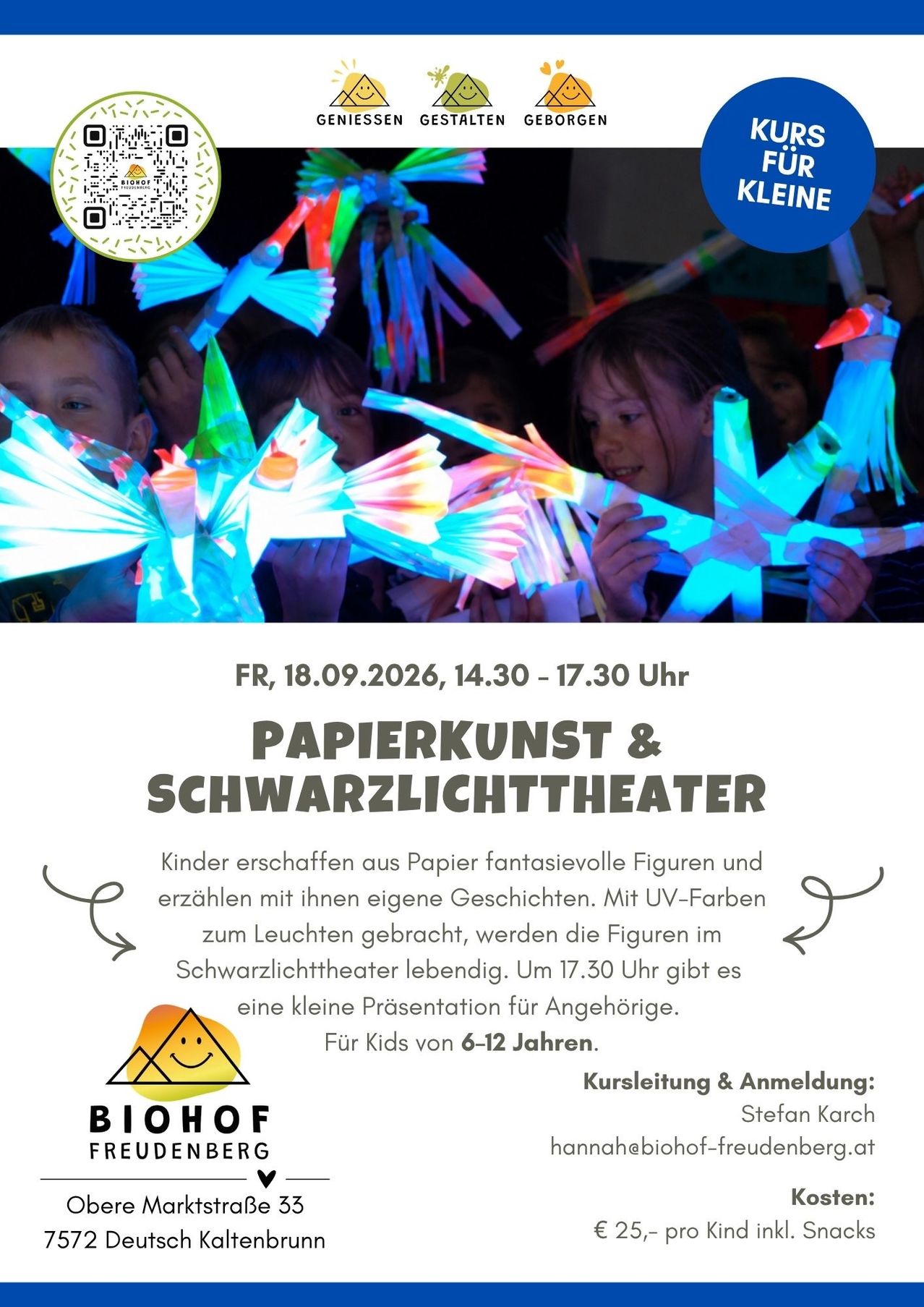 Kinder basteln leuchtende Papierfiguren für Schwarzlichttheater auf dem Biohof Freudenberg in Deutsch Kaltenbrunn.