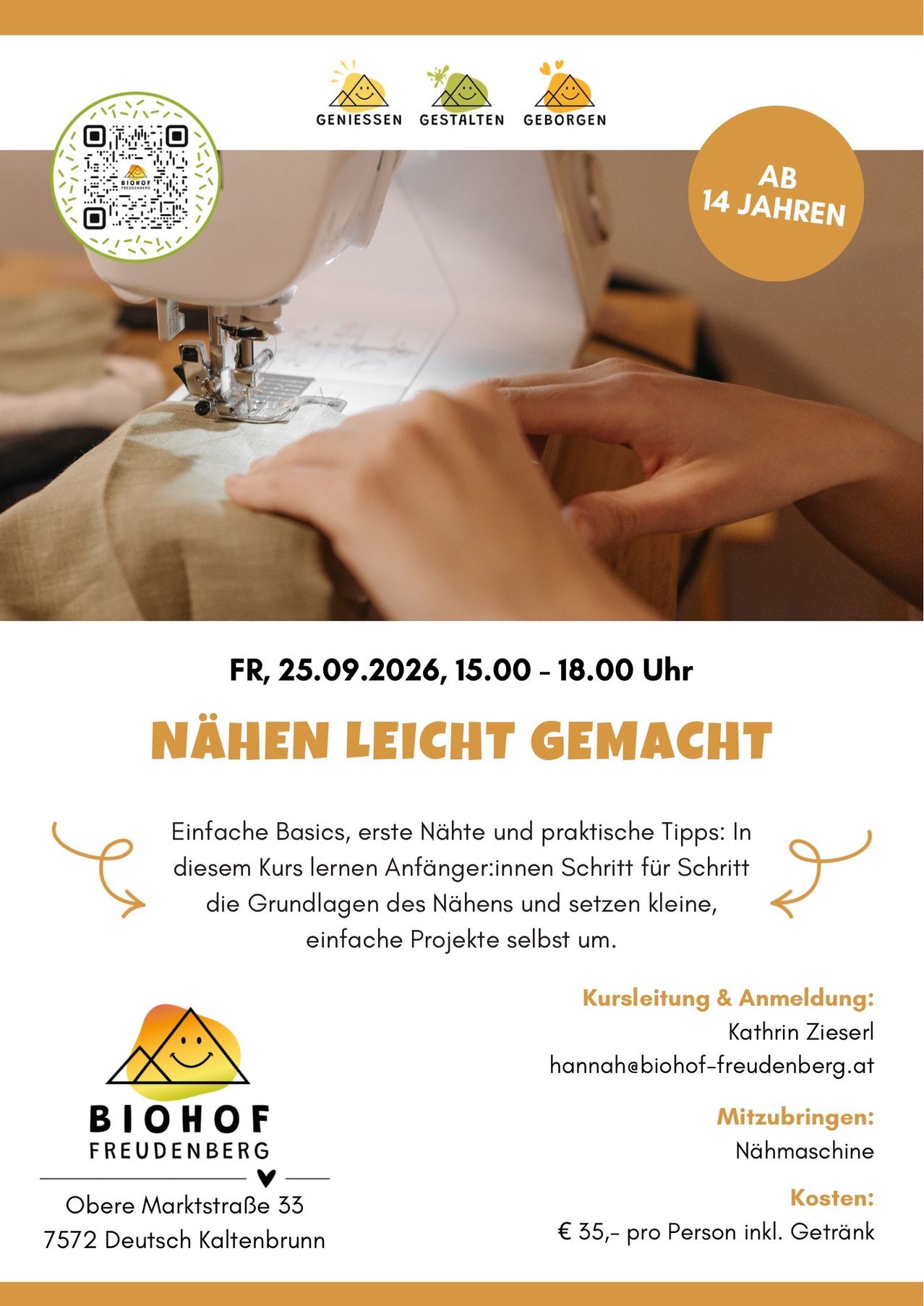 Eine Person näht an einer Nähmaschine, mit einem QR-Code und dem Text '14 Jahre' sichtbar. Die Veranstaltung heißt 'Nähen leicht gemacht' und ist für den 25. September 2026 geplant.
