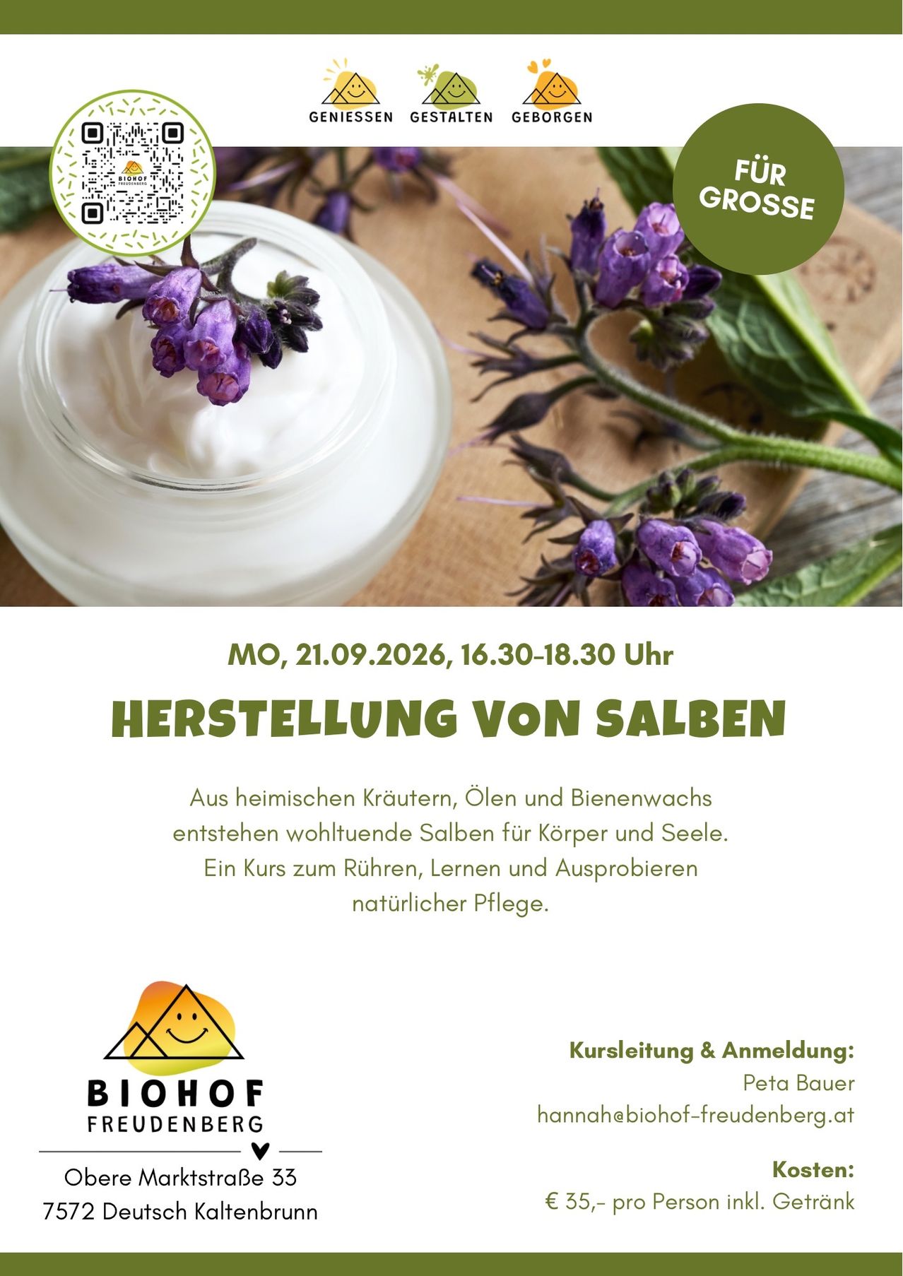 Ein Workshop zur Herstellung von Salben aus heimischen Kräutern, Ölen und Bienenwachs. Der Kurs findet am Montag, 21.09.2026, von 16:30 bis 18:30 Uhr statt.