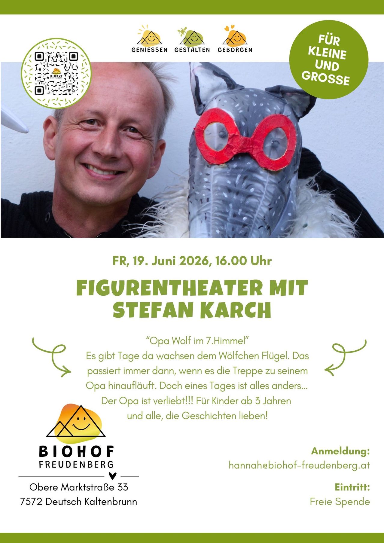Ein Bild zeigt einen lächelnden Mann mit einer Puppe eines Charakters mit roten Gläsern. Die Veranstaltung ist Figurentheater mit Stefan Karch am 19. Juni 2026 um 16:00 Uhr. Die Geschichte handelt von einem Wolf, der Flügel wachsen lässt.