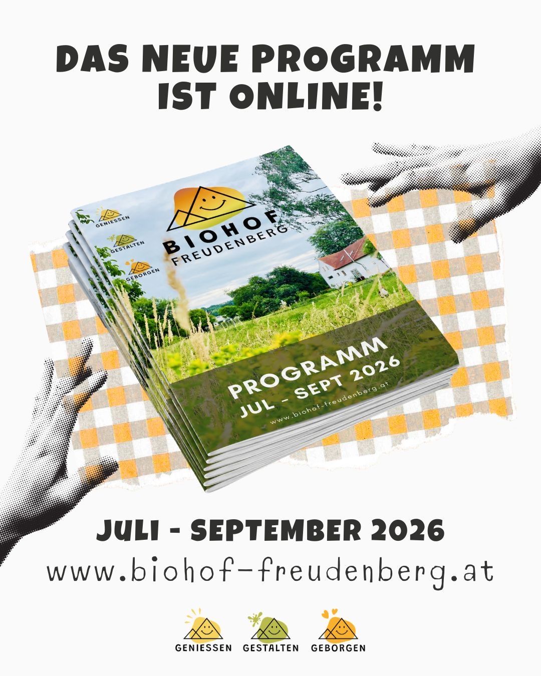Eine Werbung für Biohof Freudenberg mit einem Stapel Broschüren auf einem karierten Tuch. Hände halten den Stapel. Die Broschüre deckt Juli-September 2026 ab.