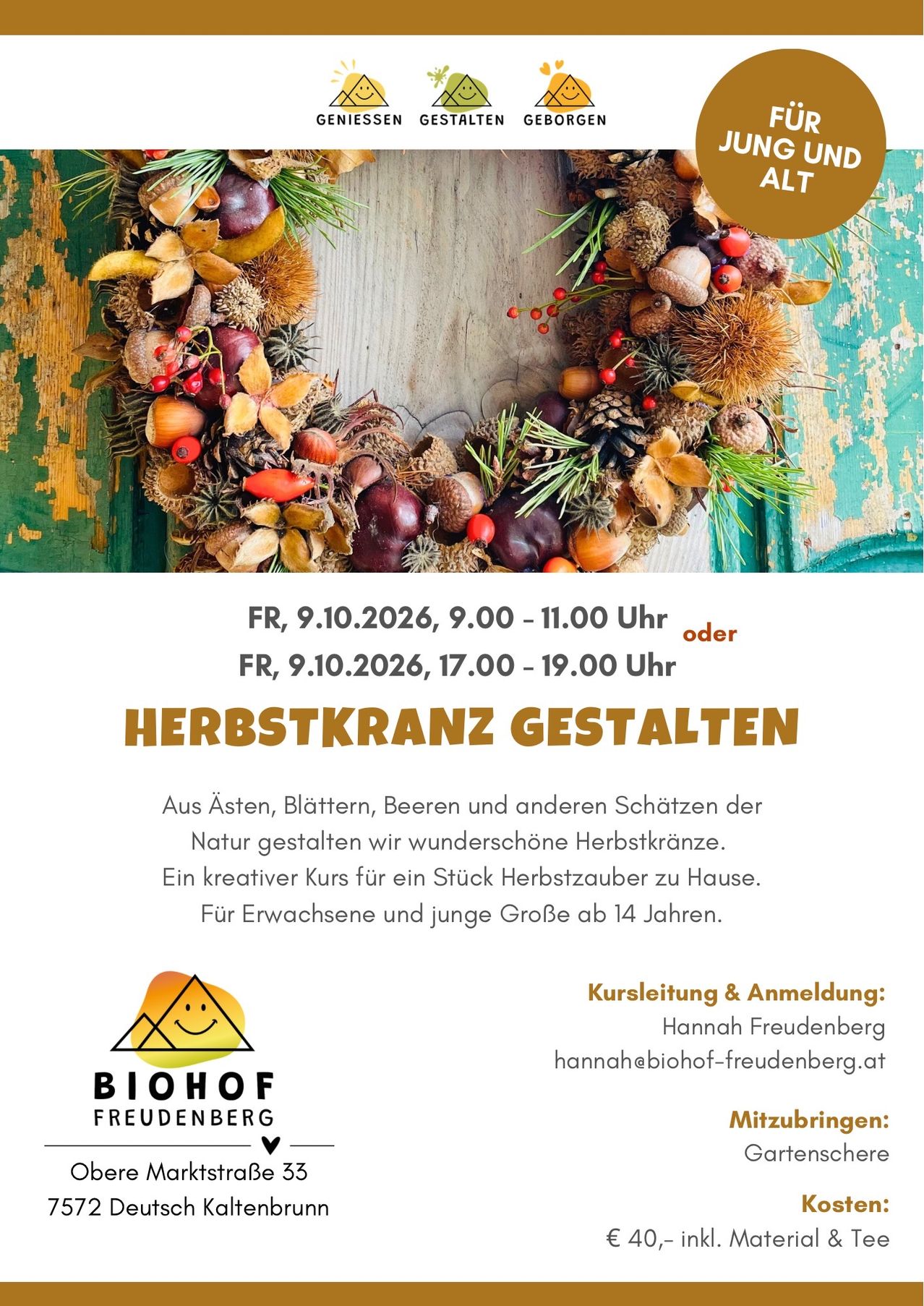 Ein Plakat für einen Workshop zur Herstellung von Herbstkränzen aus natürlichen Materialien wie Blättern, Beeren und Nüssen. Der Workshop ist für den 9. Oktober 2026 zu zwei verschiedenen Zeiten geplant.