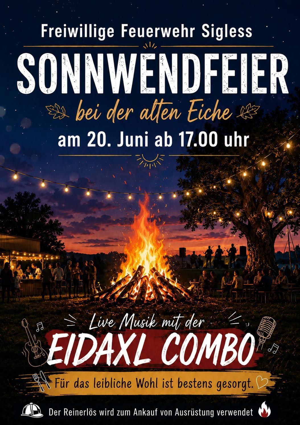 A bonfire gathering for the solstice celebration at the old oak tree on June 20th, starting at 5:00 PM. The scene features a large bonfire with people sitting around it, a tent, and a stage with musical instruments.