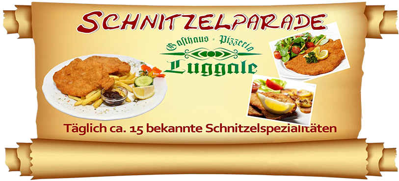 An advertisement for Schnitzel Parade featuring a plate of food, salad, and a lemon. It says daily about 15 famous schnitzel specialties.