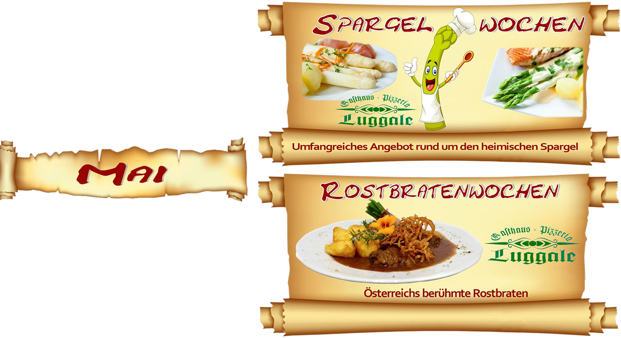 Ein Poster bewirbt 'SPARGEL' und 'ROSTBRATEN' mit Gerichten, eines mit Spargel und das andere ein Fleischgericht mit Soße. Es präsentiert ein einladendes Angebot rund um die Nummer '91'.