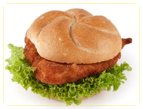 A fried chicken sandwich on a bun with lettuce on a white background.
