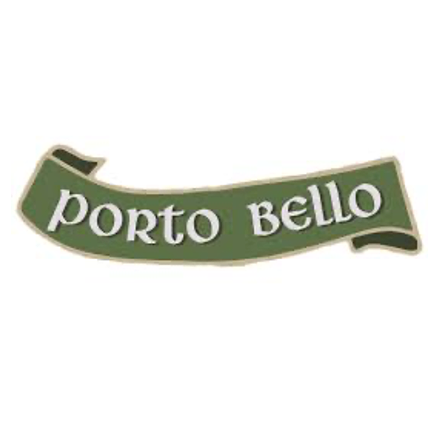 Ein grünes bandförmiges Logo mit den Worten 'Porto Bello' in weißer Schrift. Das Band hat an den Seiten eine gekräuselte Form.