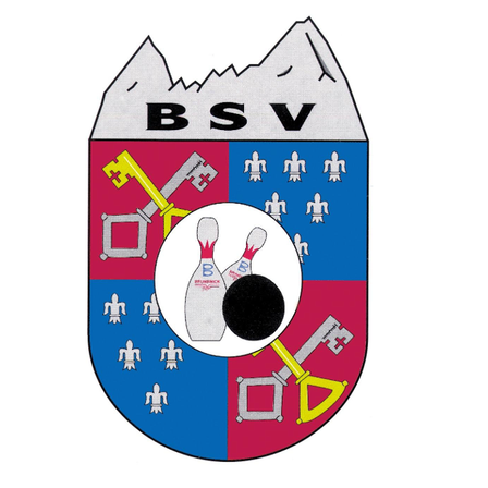 Ein Schild mit einem Berggipfel oben zeigt eine Bowling-Kegel und einen Ball. Die Buchstaben BSV sind darüber. Der Schild ist in vier Teile unterteilt, von denen jeder Symbole enthält.