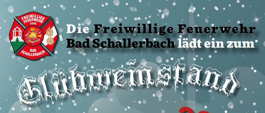 Plakat für Glühweinstand 2026-Veranstaltung bei der Feuerwehr, mit einem verschneiten Haus und Bäumen, Details zu Datum, Uhrzeit und Aktivitäten.