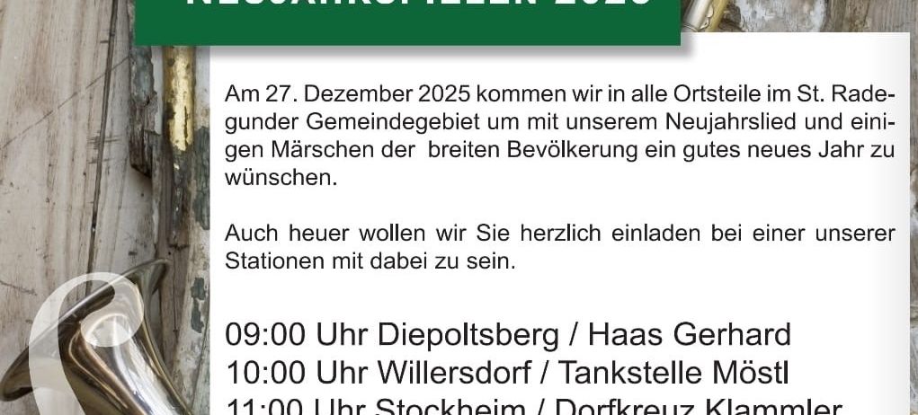 Das Bild ist ein Plakat für den Silvesterabend 2025 mit Musikinstrumenten im Hintergrund. Es listet verschiedene Orte und Zeiten für musikalische Aufführungen in der Gemeinde St. Radegund am 27. Dezember 2025 auf.