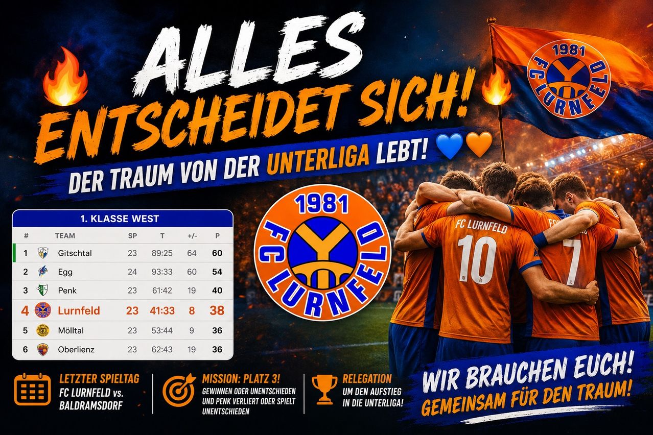 Plakat für das Fußballteam FC Lupfenfeld 1981. Es zeigt Spieler in orangefarbenen Trikots mit der Nummer 10, die sich umarmend im Kreis stehen. Es gibt eine Tabelle mit Spielergebnissen. Der Slogan lautet 'Alles Entscheidet Sich'.
