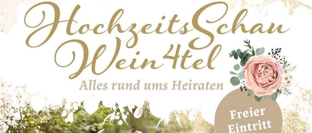 Ein Bild eines Mannes, der in der Luft springt, und einer Frau, die hinter ihm steht, mit dem Text 'Hochzeitsschau Wein Hotel' in der oberen linken Ecke. Die Veranstaltung ist für den 10. und 11. Januar 2026 geplant.