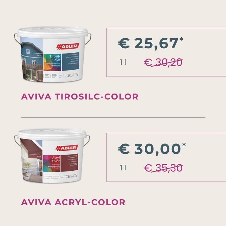 Zwei Eimer Farbe sind abgebildet, einer fur Aviva TirosilC-Color und einer fur Aviva Acryl-Color. Die Preise sind mit 25,67 Euro und 30,00 Euro angegeben.