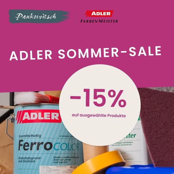 Eine Werbung für den Adler-Sommerverkauf zeigt ein -15%-Rabattschild, Farbdosen, einen Pinsel und andere Malutensilien. Der Hintergrund ist rosa.