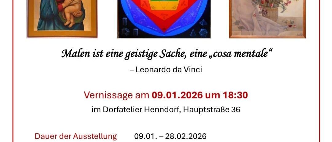 Eine Kunstausstellung von Alfia Weingartner. Beinhaltet ein Bild der Jungfrau Maria, ein farbenfrohes geometrisches Design und Blumen. Eröffnung am 9. Januar 2026 um 18:30 Uhr.